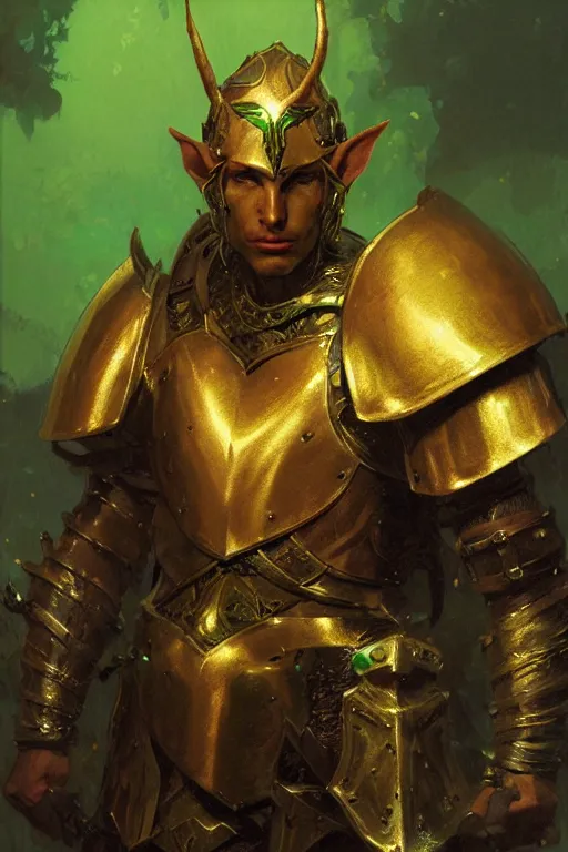 Prompt: bronze skinned elf with golden hair, glowing eyes, wearing green plate armour portrait dnd, painting by gaston bussiere, craig mullins, greg rutkowski, yoji shinkawa