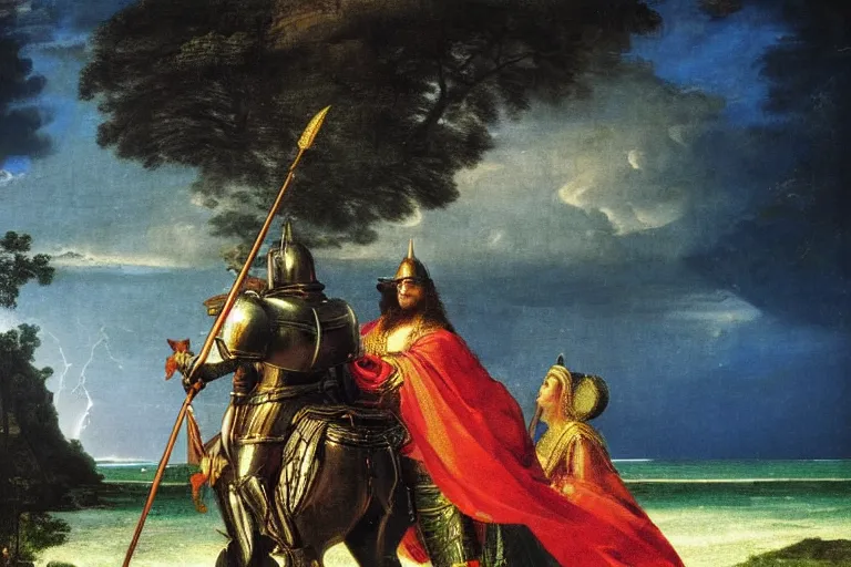 Prompt: Close-up of the Knight leaving the palace, refracted sparkles, thunderstorm, beach and Tropical vegetation on the background major arcana sky and symbols, by paul delaroche, hyperrealistic 4k uhd, award-winning, very detailed paradise