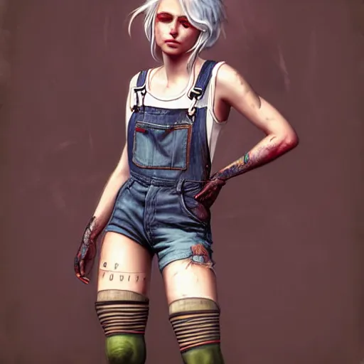 Image similar to full body pose, grungy ciri, torn overalls, short shorts, combat boots, fishnets, beautiful, highly detailed face, true anatomy!, extremely detailed!, digital painting, unreal engine 5, art by tom bagshaw