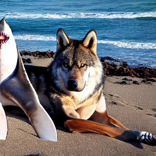 Image similar to professional photo of a shark body and canine wolf head half wolf half shark strange combo discovered on the beach