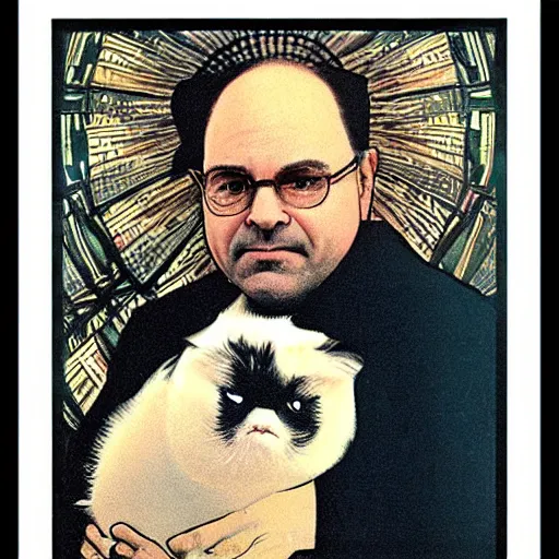 Prompt: “ portrait of george costanza from seinfeld holding grumpy cat, by alphonse mucha ”