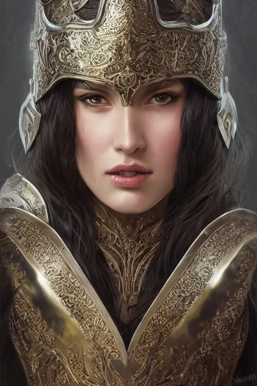 Image similar to attractive young female wearing an ornate metallic helmet, clothed in battle armor, olive skin, long dark hair, beautiful bone structure, symmetrical facial features, intricate, elegant, highly detailed, digital painting, trending on Artstation, concept art, smooth, sharp focus, illustration, art by artgerm and greg rutkowski and alphonse mucha