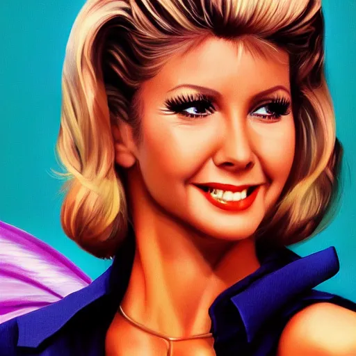 Prompt: Olivia Newton-John as Sandy from Grease (1978), portrait.. by wlop, artgerm, andrei riabovitchev, nuri iyem, james gurney, james jean, greg rutkowsk. high detail, great lighting, 8k resolution, masterpiece, concept art, illustration