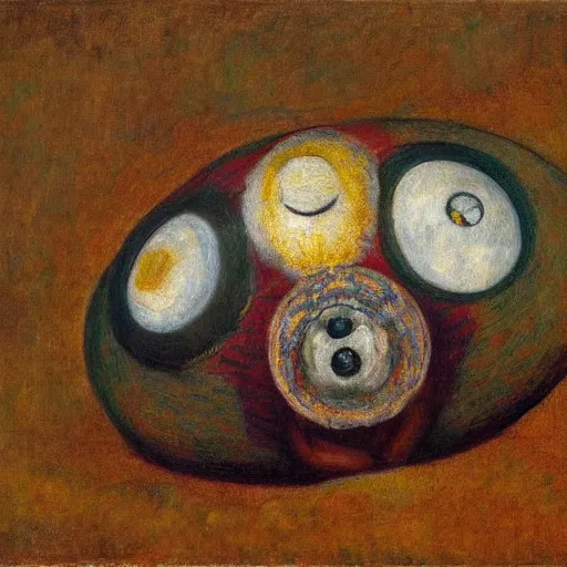 Prompt: a shell containing a ball made out of eyes and teeth, artwork by james ensor and odlion redon - n 9
