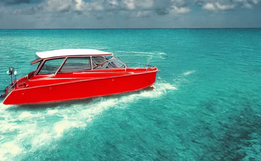 Prompt: photorealistic picture of a red scarab 3 8 kv boat driving in turquoise water. miami. 8 0's style