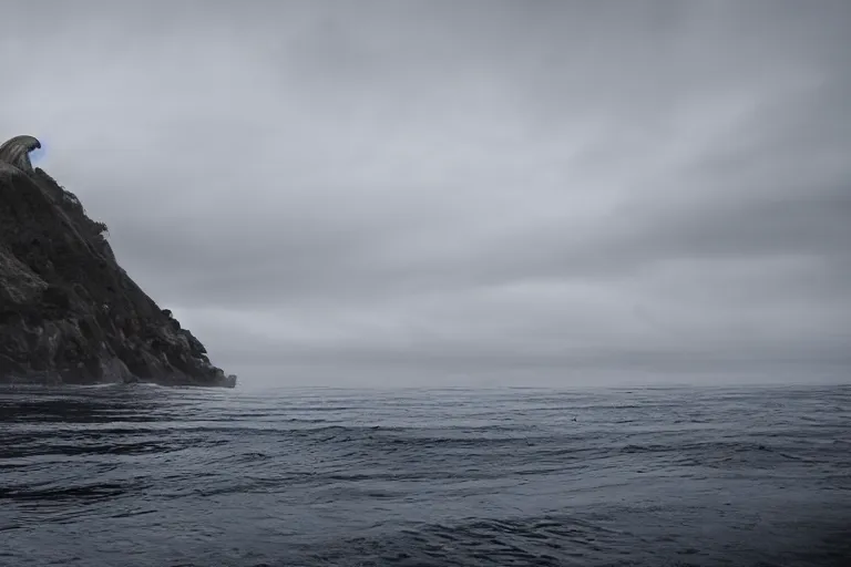 Image similar to giant VFX movie of cthulhu rising out of the ocean in Malibu, towering over, 14mm morning natural light by Emmanuel Lubezki