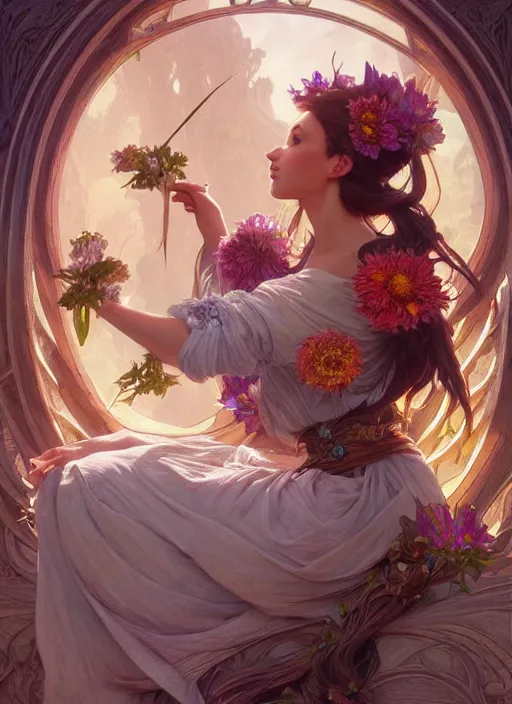 Prompt: a beautiful bouquet of wild flowers, deep focus, d & d, fantasy, intricate, elegant, highly detailed, digital painting, artstation, concept art, matte, sharp focus, illustration, hearthstone, art by artgerm and greg rutkowski and alphonse mucha