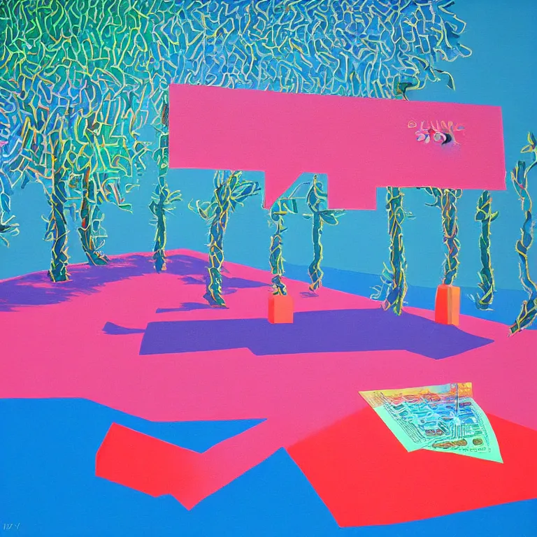 Image similar to dreaming from a new economy and a new financial system, $$$,EUR,BTC, painted by David Hockney, airbrush