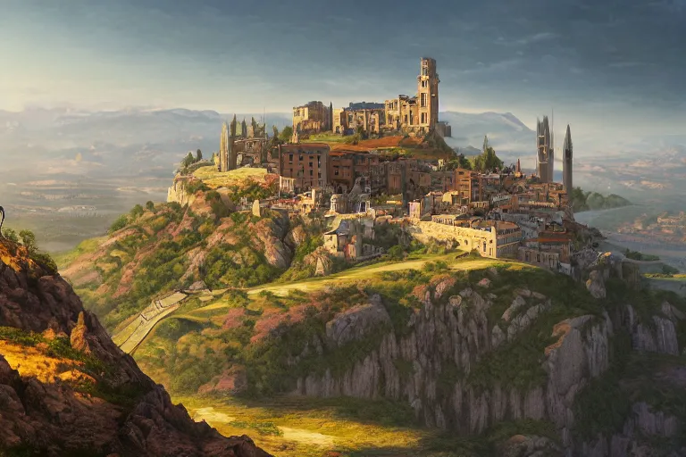 Image similar to an ultra detailed matte landscape painting of an extremely tall and strong young man with short brown hair standing on a cliff overlooking a medieval european capital built on top of many hills, italian renaissance architecture, ultrawide lense, aerial photography, 8 k, volumetric lighting, smooth, highly detailed, digital illustration, art by greg rutkowski and akira toriyama and artgerm