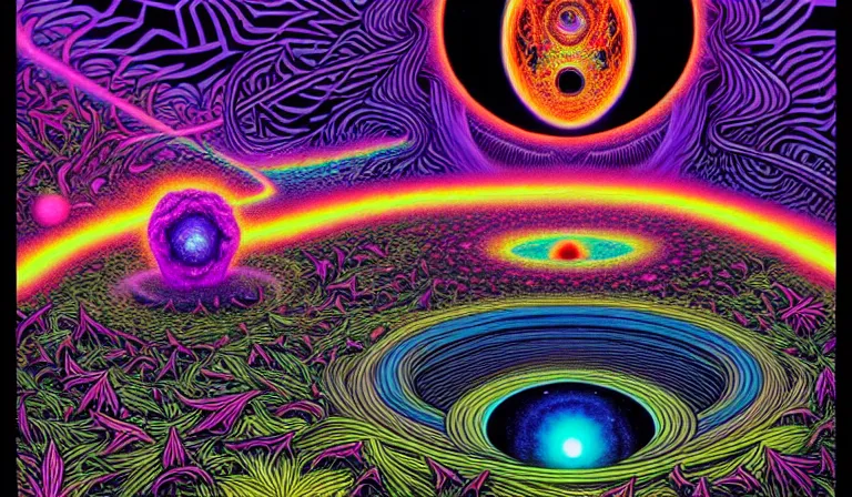 Prompt: an expansive rendering of beautiful and complex ultimate void and black holes by dan mumford, by jim fitzpatrick, by joe wilson, by jim burns, by victo ngai, by jacek yerka, surrounded with colorful magic mushrooms and rainbowcolored marihuana leaves, insanely integrate, featured on deviant art, trending on artstation