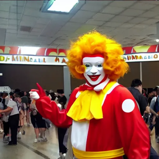 Prompt: photograph of Ronald McDonald cosplaying as the Burger King, Anime Expo, 4k