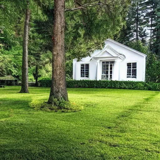 Prompt: A small white house with the long gravel driveway and lush green lawn with pine trees the backyard has lots of trees very artistic painting