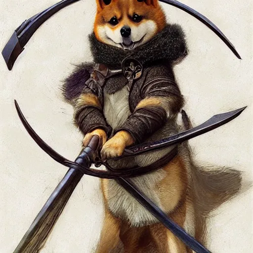 Image similar to anthropomorphic shiba inu, holding medieval bow and aiming directly to camera, medieval armor, dark aura, fantasy, dark graveyard scene, portrait art by donato giancola and greg rutkowski, realistic face, digital art, trending on artstation, symmetry