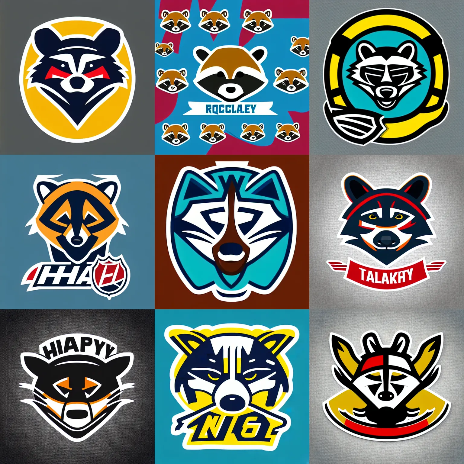 Prompt: “hockey team logo, raccoon mascot, nhl, sticker, highly detailed, colorful, illustration, smooth and clean vector curves, no jagged lines, vector art, logo has”