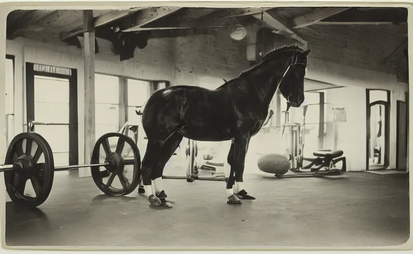 Prompt: strong cart horse with big muscles in a gym, photograph, strong, 1 8 5 0 s, 1 9 8 0 s