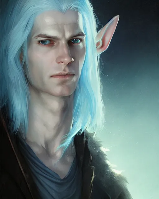 Prompt: character portrait of a slender young half elven man with white hair, piercing turquoise blue eyes, and pale blue skin, by greg rutkowski, mark brookes, jim burns, tom bagshaw, trending on artstation