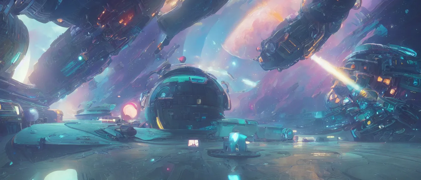 Prompt: orbital space station on a colorful nebulea, unreal engine, fantasy art by greg, loish, rhads, ferdinand knab, makoto shinkai, lois van baarle, ilya kuvshinov, rossdraws, tom bagshaw, global illumination, radiant light, highly detailed intricate environment, isometric, onstudio ghibli, octane render, 8 k