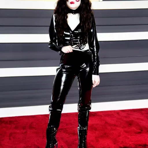 Image similar to lorde wearing goth makeup and a silver bodysuit with black platform boots