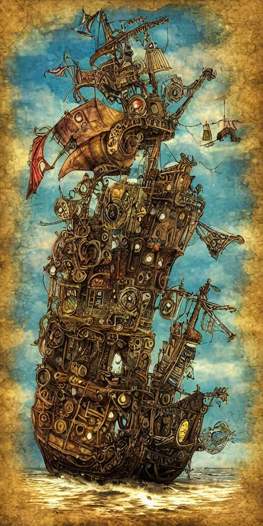 Image similar to a detailed digital painting of a steampunk pirate ship by alexander jansson