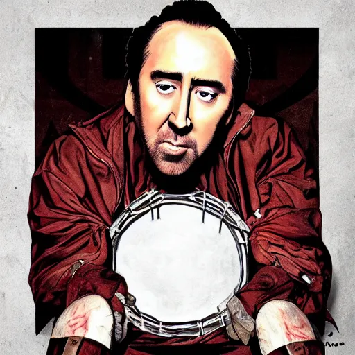 Image similar to nic cage breaking a drum over his knee, stylized album cover