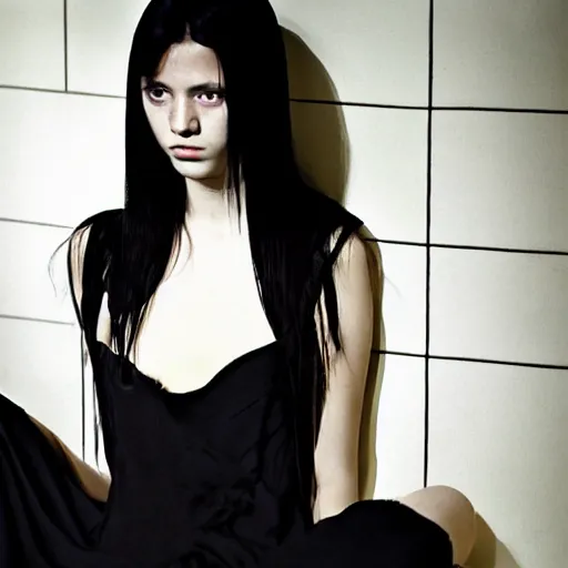 Image similar to photo of lonely young girl エウリン with straight long black hair wearing black dress that sitting on bathroom floor, photo made by mario testino and vanessa beecroft, model エリサヘス ・ セイモア from acquamodels. com, render by artgem and alphonse mucha for capcom co, resident evil