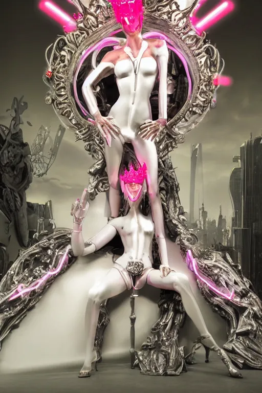 Image similar to full-body rococo and cyberpunk style neon statue of a muscular attractive Roberto macho dotado e rico android sim roupa reclining con las piernas abertas e la piroca dura, glowing white laser eyes, prince crown of pink gears, diamonds, swirling silver-colored silk fabric. futuristic elements. full-length view. space robots. human skulls. intricate artwork by caravaggio. Trending on artstation, octane render, cinematic lighting from the right, hyper realism, octane render, 8k, depth of field, 3D