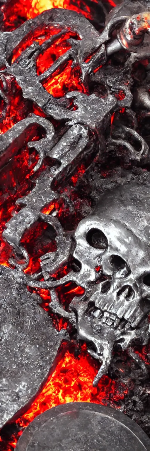 Image similar to molten red hot metal being poured into a mold in the shape of a punisher skull emblem. background is firey foundry. detailed, high art, intricate, artisan