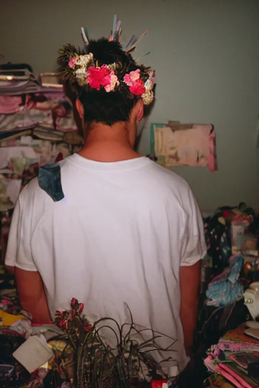 Image similar to kodak portra 4 0 0 photograph of a guy wearing a flower crown in a cluttered messy 9 0 s bedroom, back view, lens flare, moody lighting, moody vibe, telephoto, 9 0 s vibe, blurry background, grain, tranquil, calm, faded!,