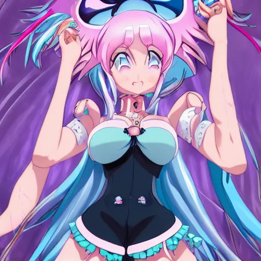 Prompt: stunningly beautiful omnipotent megalomaniacal anime goddess with porcelain skin, pink twintail hair and mesmerizing cyan eyes, symmetrical perfect face smiling in a twisted, mischievous, devious and haughty way while looking down upon the viewer, mid view, hyperdetailed, 2 d, 8 k