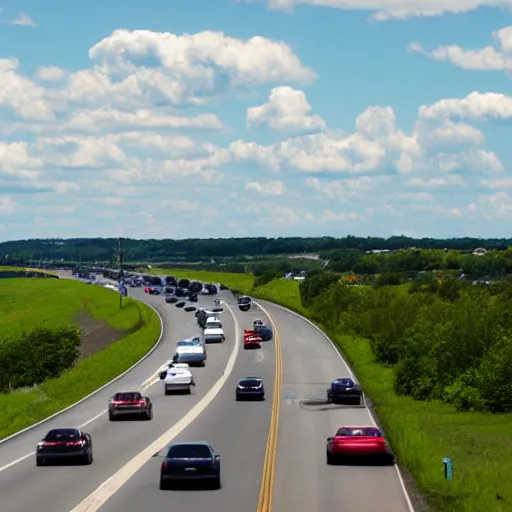 Prompt: photo, 5 0 mm, interstate traffic jam, scattered clouds, midday sun,