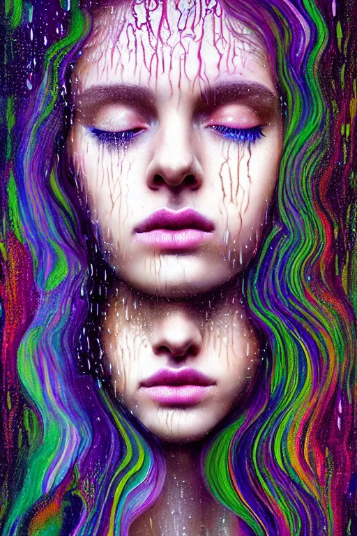 Image similar to portrait of a girl upside down psychedelic LSD rain with wet hair and face, fantasy, intricate, elegant, dramatic lighting, emotionally evoking symbolic metaphor, highly detailed, lifelike, photorealistic, digital painting, artstation, concept art, smooth, sharp focus, illustration, art by John Collier and Albert Aublet and Krenz Cushart and Artem Demura and Alphonse Mucha