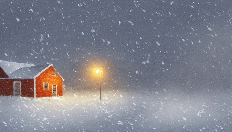 Image similar to Snowy Landscape with Blizzard! in a snowstorm!, a single Small shack in the distance with orange lights in the windows, snowstorm, digital art, highly detailed, blizzard, 4k