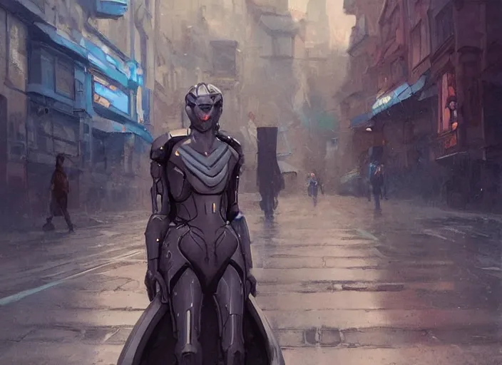 Prompt: girl wearing futuristic space armor walking on a street in prague, official art, by artgerm, by jeremy lipking, realistic expressive digital art, gorgeous attractive face, cgscociety
