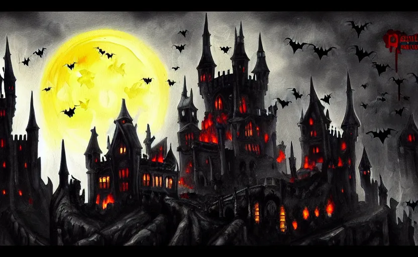 Prompt: oily painting, highly detailed, gothic style burning! castle on a left side, bats flying away from castle, vampires chasing village people, night time, trending on art station by resident evil village