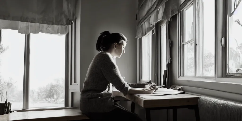 Image similar to a woman sitting a desk next to a window, reading a letter, warm, happy, sunlight, medium shot, realistic