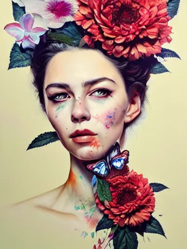 Prompt: portrait of elizabeth bert with a floral background : : painted by artgerm, karol bak, artur bordalo, sandra chevrier : : portrait, character, illustration, hyperrealism, photorealism