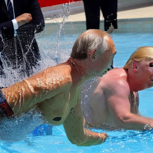 Image similar to putin, trump, obama and bush are swimming while having a water fight and smiling