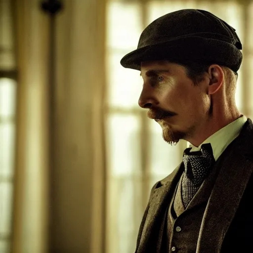 Prompt: Christian Bale in Peaky Blinders, cinematic film still