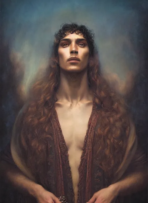 Prompt: portrait of a handsome magical latin boy, by agostino arrivabene and tom bagshaw and manuel sanjulian