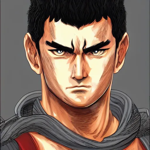 Image similar to portrait of guts from berserk fan art, digital 2d, anime, character, extremely detailed, made by Justin Fields artstation