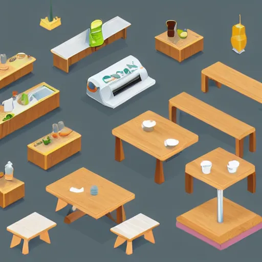 Prompt: isometric cartoon of funky recreational cannabis cafe area, coffee machine, aluminum sheen, wooden furniture, people drinking coffee and smoking cannabis, tables and chairs, by benoit mandelbrot, low poly cute minimal interior design concept art illustrated by anni albers