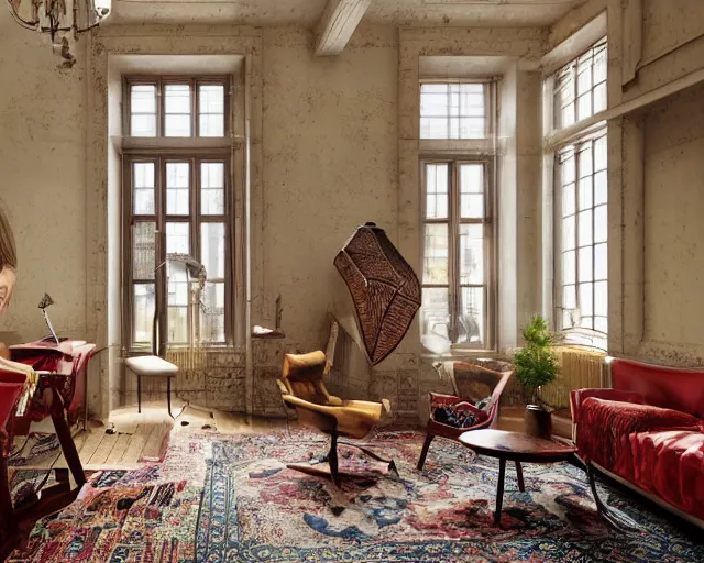 Prompt: a beautiful loft apartment with persian rugs and antique lamps designed by mark mills and nathaniel owings, interior design, architecture, key lighting, soft lights, by steve hanks, by edgar maxence, by caravaggio, by michael whelan, by delacroix, by serov valentin, by tarkovsky, 8 k render, detailed, oil on canvas