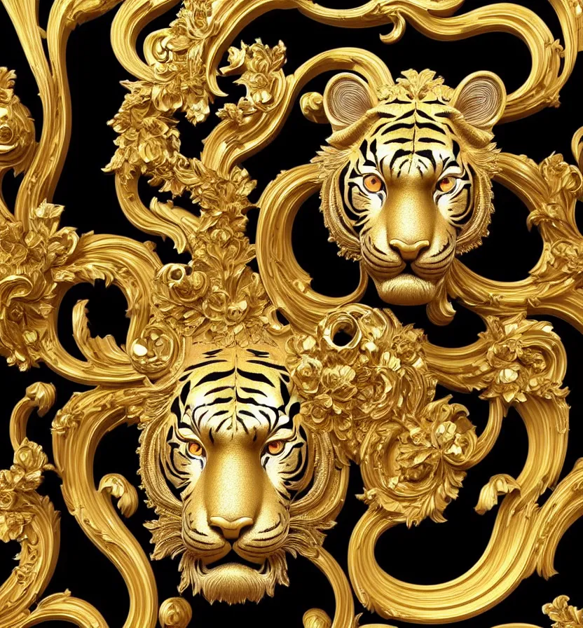 Prompt: beautiful portrait of a large ornate and intricate rococo tiger face, carved marble with gold accents, 3 d, photorealistic, symmetric, front facing, centered, hyper detailed, gold plated on black background, wallpaper, detailed and intricate emblem, baroque medallion,