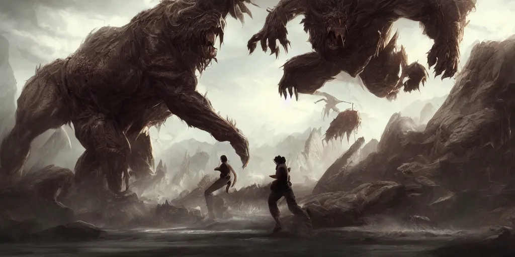 Prompt: people running from a giant rampaging beast, concept art, digital illustration, trending on artstation, deviantart, artgerm, epic composition, masterpiece, highly detailed, advanced technique, ambient lighting, wlop, ross draws