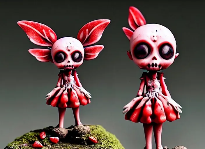 Prompt: a very sad femo figurine of a cute funny undead strawberry fairy zombie with bandages wearing a dirty floral torn strawberry dress featured on bloodborne by beksinski and gamesworkshop, carrying survival gear, wearing strawberry backpack, shambling aimlessly, dark foreboding atmosphere, 🎀 🧟 🍓 🧚