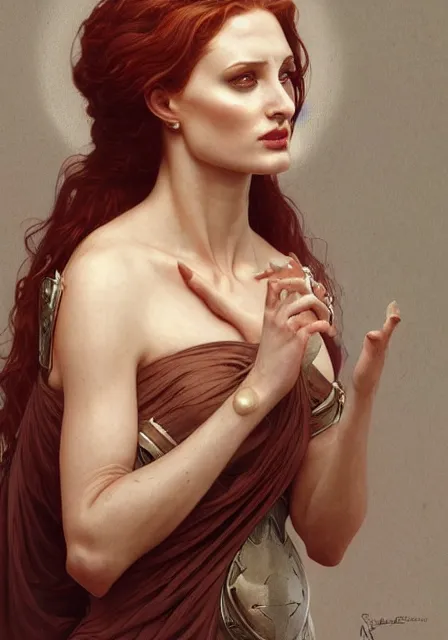 Image similar to sansa angeline jolie gessica chastain mummy goddess of death demon, intricate, elegant, highly detailed, digital painting, artstation, concept art, smooth, sharp focus, illustration, art by artgerm and greg rutkowski and alphonse mucha and william - adolphe bouguereau