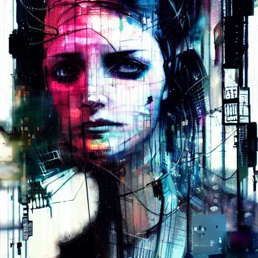 Image similar to a young punk woman lost in a cyberpunk noir glitchcore world of wires, and machines, by jeremy mann, francis bacon and agnes cecile, and dave mckean ink drips, paint smears, digital glitches glitchart