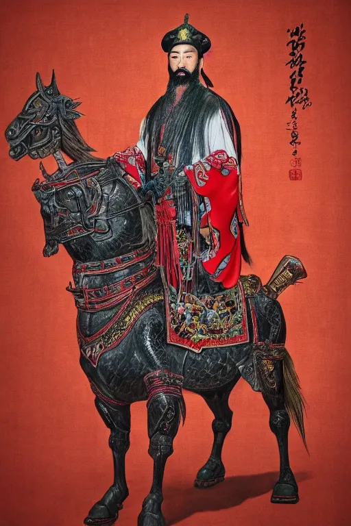 Prompt: A hyper realistic full body portrait of majestic guan yu stands in front of the red horse, defined features, by gu kaizhi, wu daozi, 8k, HD, gigapixel, portrait art, symmetrical composition, realistic proportions, ink and colored pigments on silk, sharpness applied, hyperrealism