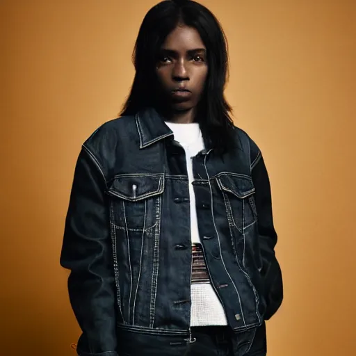 Prompt: realistic photoshooting for a new sacai emil lookbook color film photography portrait of a beautiful woman model, model wears a black paneled denim jacket, photo in style of tyler mitchell