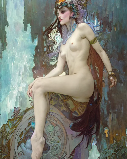 Image similar to a goddess of frost, adorned with precious stones, by jeremy mann and alphonse mucha, peter mohrbacher, james jean